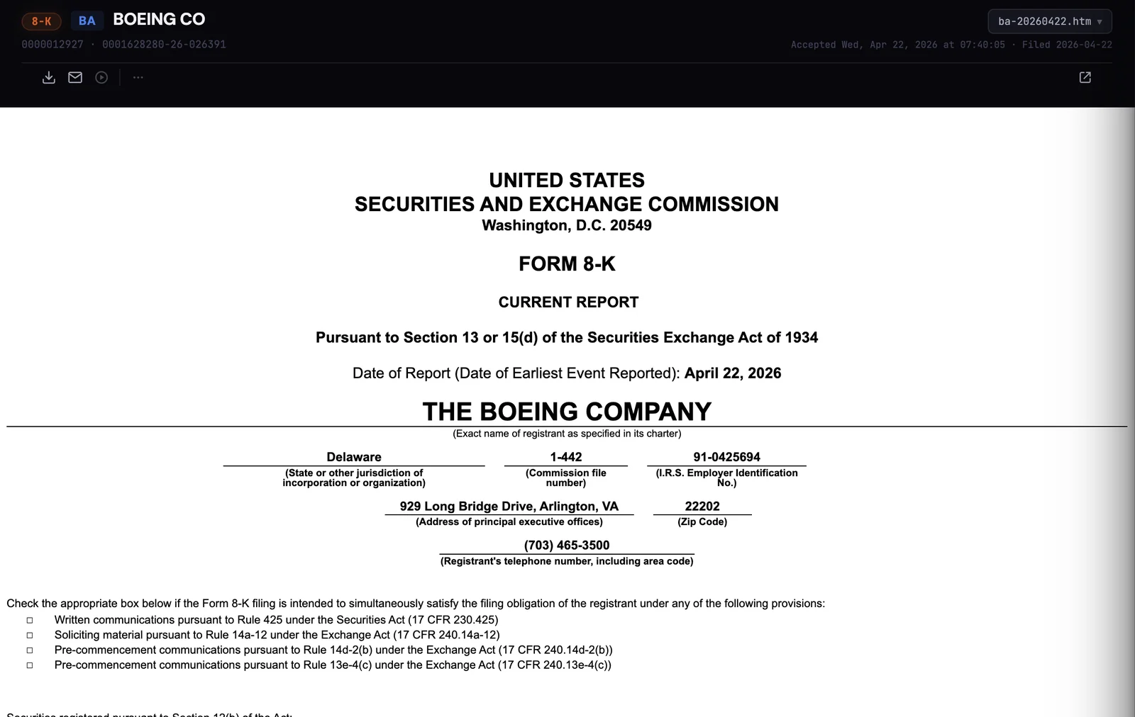 The cover page of a Boeing 8-K current report rendered on edgar.tools, showing the SEC Form 8-K header, the April 22 2026 report date, and the registrant details.