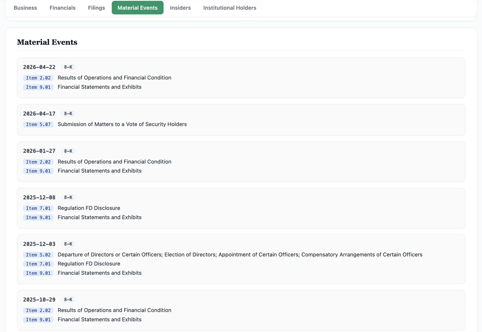 edgar.tools Material Events view for Boeing, showing recent 8-Ks parsed into item-code badges with plain-English names, several filings carrying multiple items at once.
