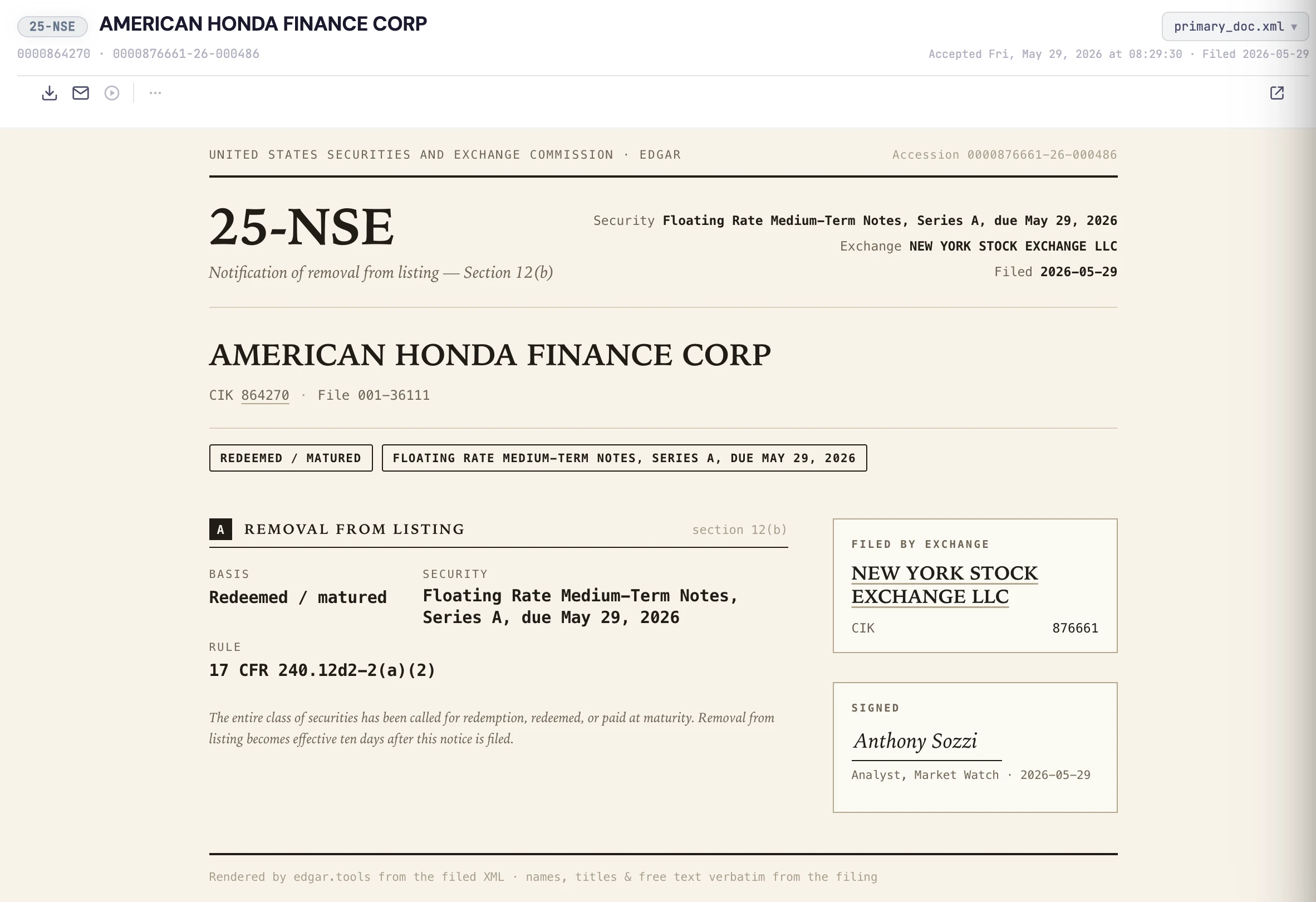 American Honda Finance Corp's Form 25-NSE rendered on edgar.tools, leading with the company name. The rule citation 17 CFR 240.12d2-2(a)(2) is decoded to a "Redeemed / matured" badge, the security is named as Floating Rate Medium-Term Notes Series A due May 2026, and the filing exchange (New York Stock Exchange LLC) is shown in a side card.